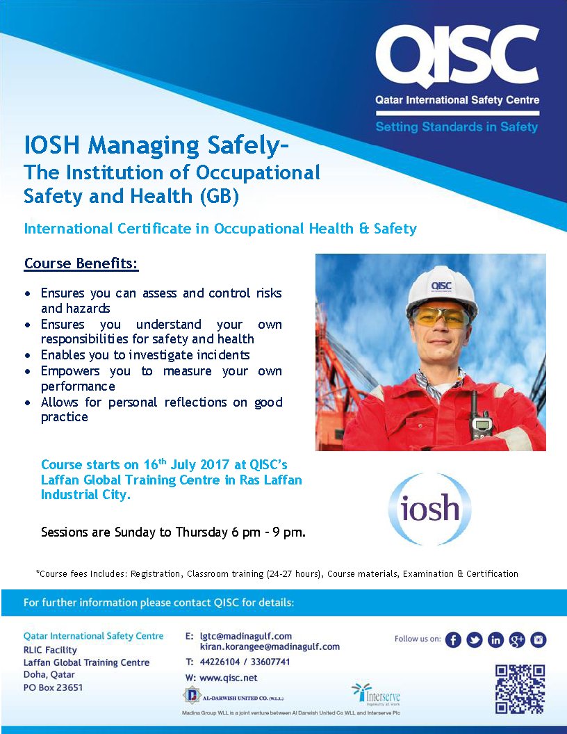 QISC's tweet photo. #Course dates now available for the #IOSHManagingSafely. Get your #training booked now! #HSECourses #IOSH #QISC #LGTC   #Qatar https://t.co/3NOcakq8z3