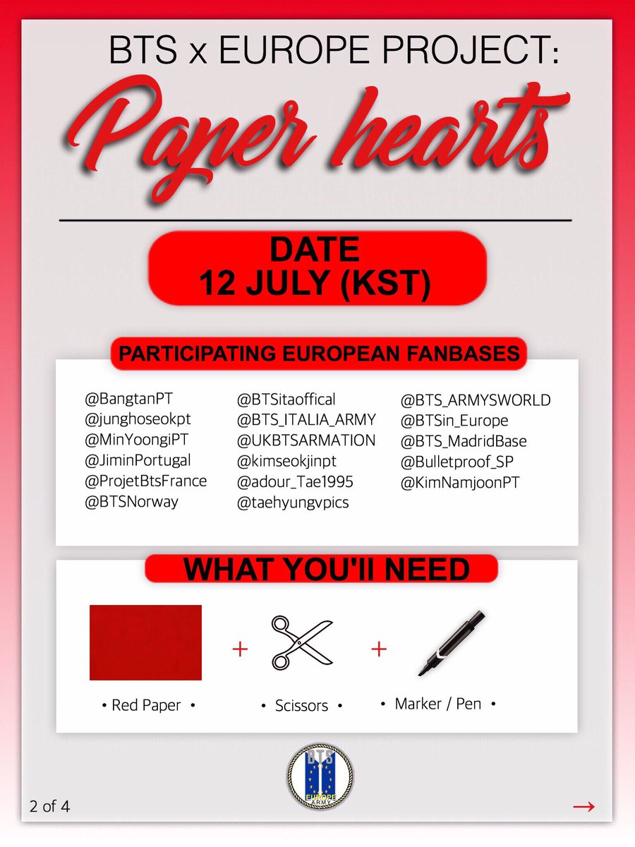 BTSEuropeARMY's tweet photo. {PROJECT INFO}
DATE 12 JULY (KST)
HASHTAG: #ARMYPaperHearts 
-> READ POSTERS FOR MORE INFORMATION<- 
@BTS_twt https://t.co/A0gbCAgwSf