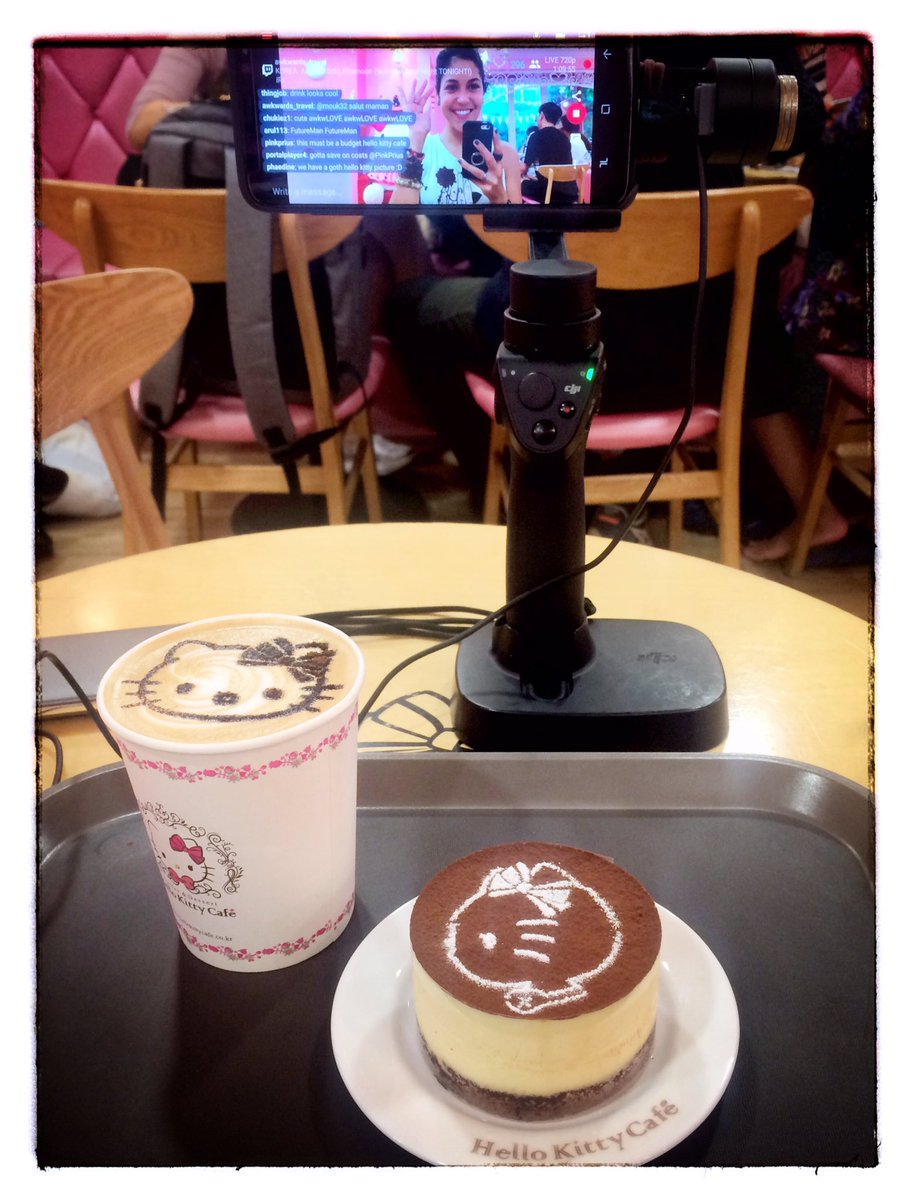 AwkwardTallulah's tweet photo. Taking selfies at the @HelloKittyCafe in #Hongdae with the best @Twitch chat ever! ❤️✌🏼 #awkwardfam #Seoul #Korea @TwitchKR https://t.co/YpMJEJjfrm