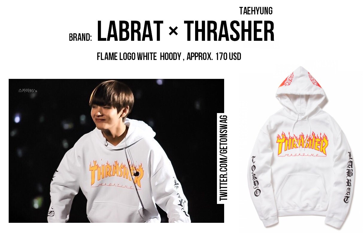 Beyond The Style Alex on X TAEHYUNG BTS requested TAEHYUNG LABRAT x THRASHER flame logo hoodie white https t mSoYkTivCq X