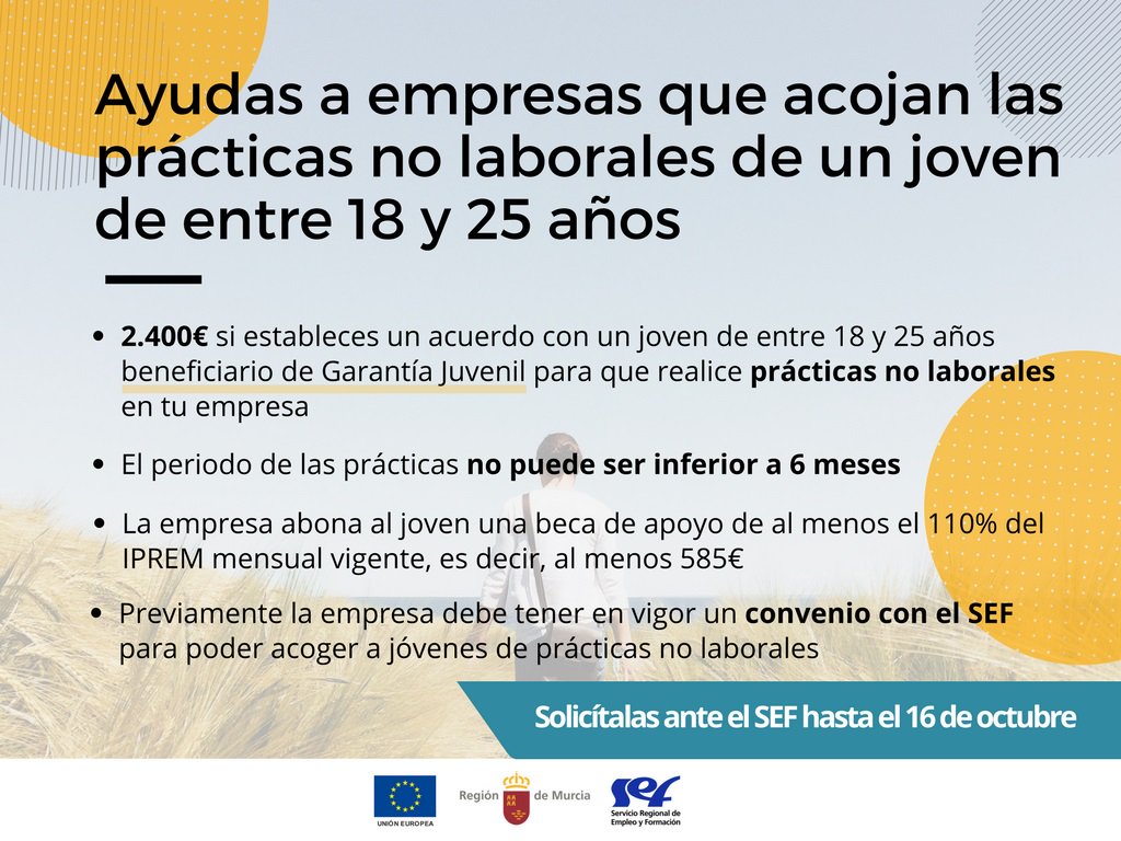 regiondemurcia's tweet image. ✅ La Comunidad lanza una ayuda de 2.400 euros a empresas que acojan prácticas no laborales de jóvenes  carm.es/web/pagina?IDC…