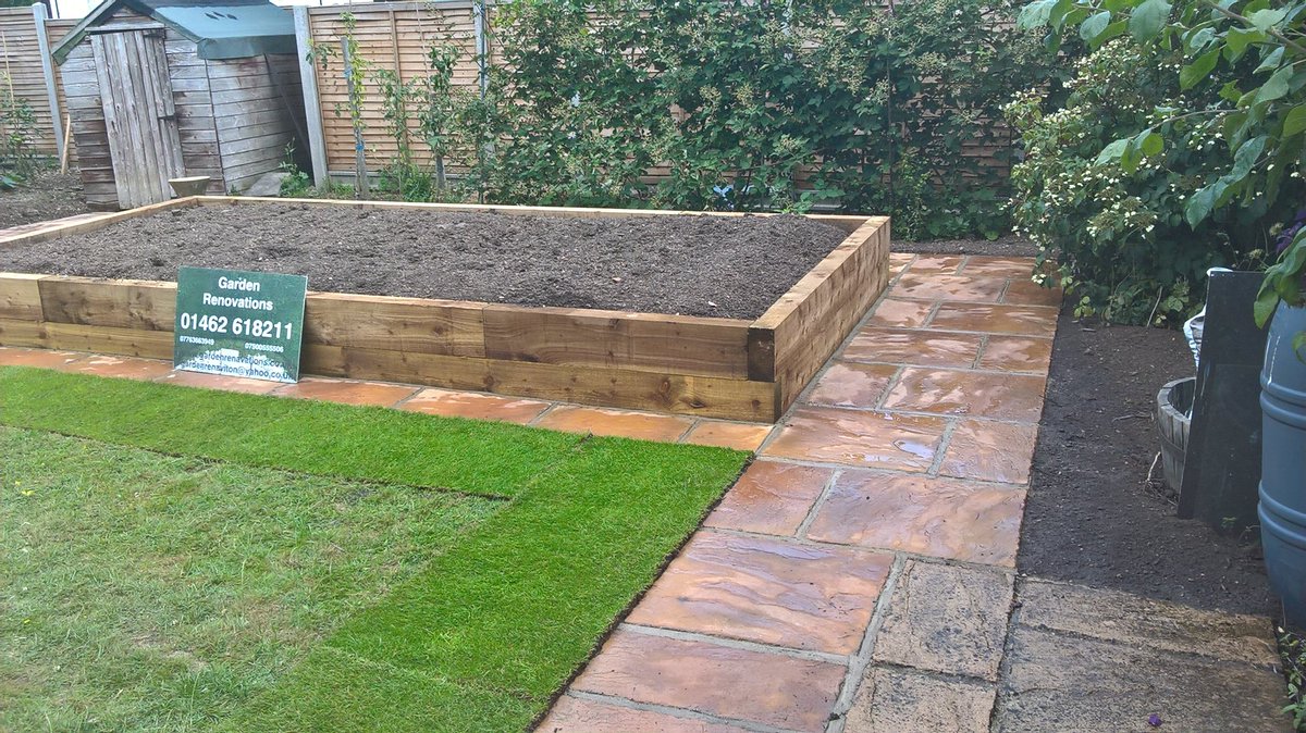 A before and after we have just finished. 
Raised bed ready for planting with paved path and edge..
#gardenrenovations #Hitchin
