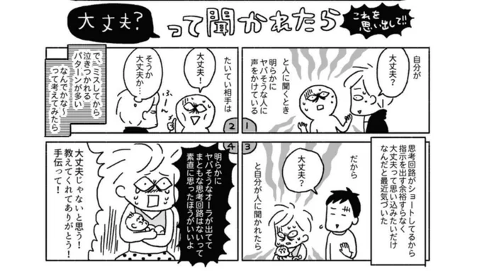 育児に限らない話だけれども

「大丈夫?」って人に聞かれるときは、たいてい「大丈夫じゃない状態」なのに
聞かれた方は(思考回路がショートしていて、大丈夫だと思い込みたいだけ)なんだということを知って欲しいナリ。

※画像は「ワタシはぜったい虐待しませんからね」より 
