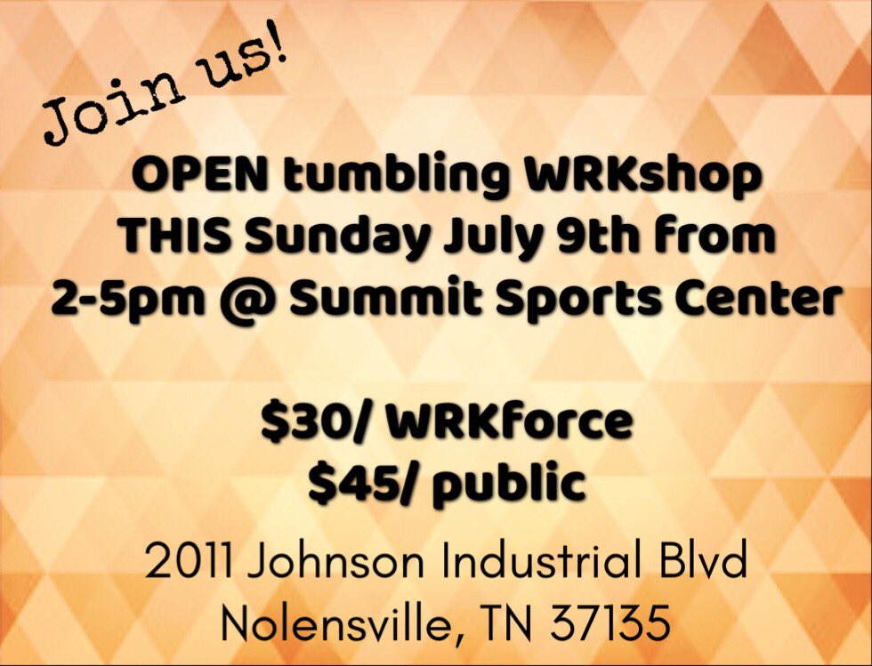 TheWRKPLC's tweet photo. Bring your friends and come tumble today! Waivers available at the door!! 👯👘👟👌🏼 #nashvilledancers #wrkhard #trainhard #wrkwrkwrk https://t.co/G6RYoSVFnG