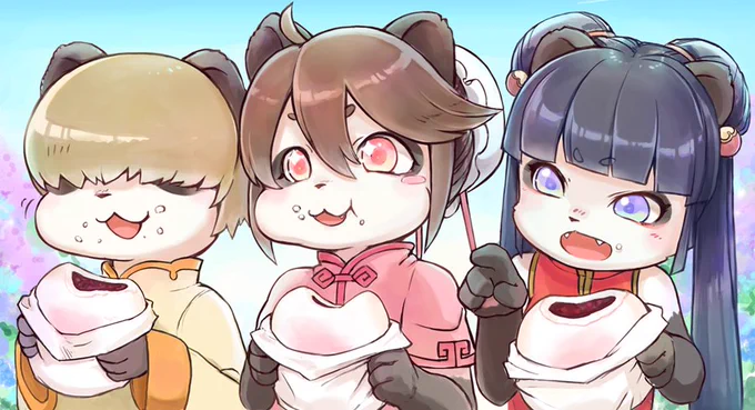 なかむらさんちの子で我が心の教祖、タオファちゃん様を描かせて頂きました…!一人だと寂しいのでモブ子パンダとその子パンダのママパンダも描いて妄想でウフフしました。タオファちゃんはいいぞ。 