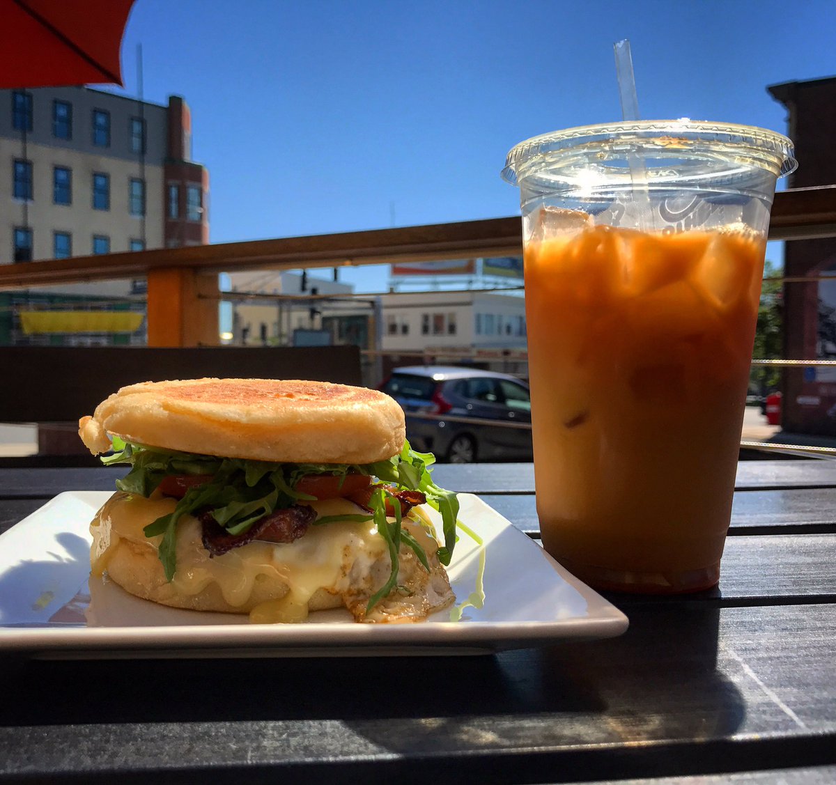 DanDGerard's tweet image. I like starting my days this way. #arugala #tomato #bacon #egg and #cheese #breakfast #sandwich on an #englishmuffin with an #icedcoffee