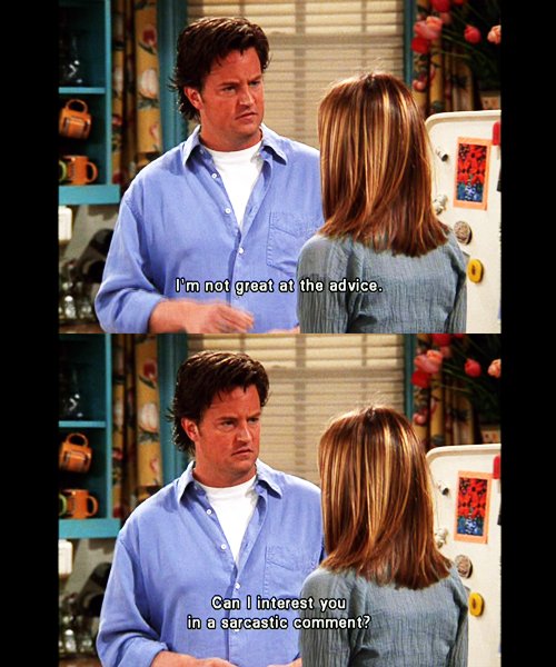 _FRIENDSta_'s tweet photo. "I'm not great at the advice. Can I interest you in a sarcastic comment?" -Chandler #FRIENDS #FRIENDSta https://t.co/InsWGJmENy