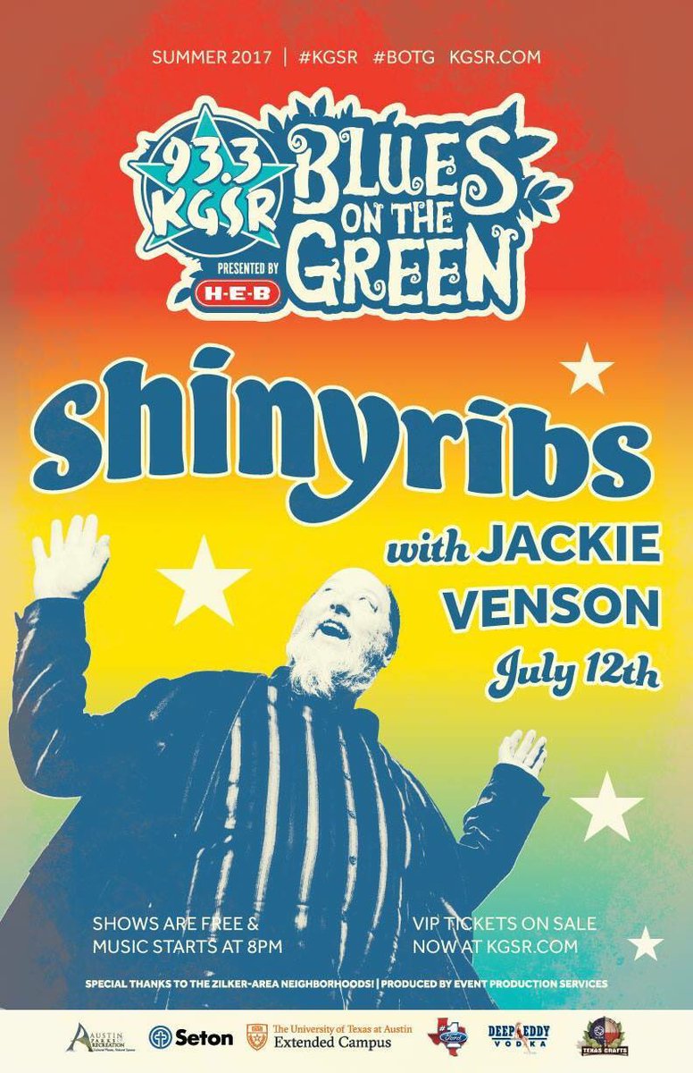 Andylanger's tweet photo. Friendly reminder that this is Wednesday: @shinyribs and @jackievenson at @KGSR Blues On The Green. FREE. https://t.co/FNo7rmTYx0