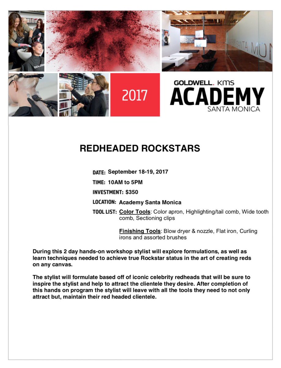 mvredhead's tweet photo. Come check out my program at the Santa Monica Academy in September!@Goldwell @GoldwellUS #goldwellkmsacademy#iamgoldwell https://t.co/FhaPrCut3j