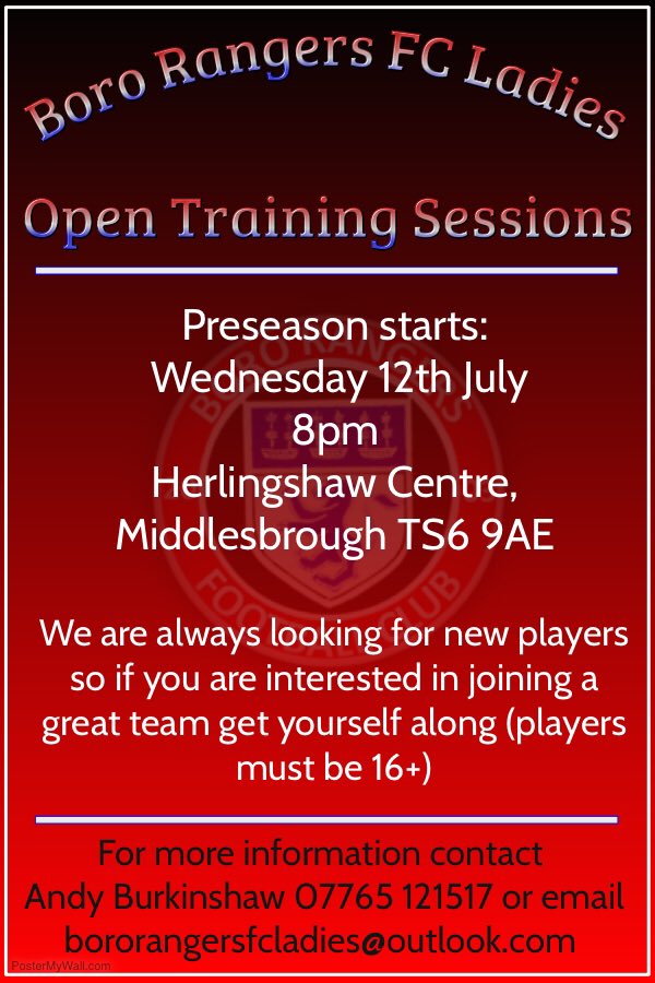 BoroRangersFCL's tweet photo. Preseason starts Wednesday. Want to join a great team of ladies?! Then get yourself down #UTB https://t.co/6JVZU7SKjK