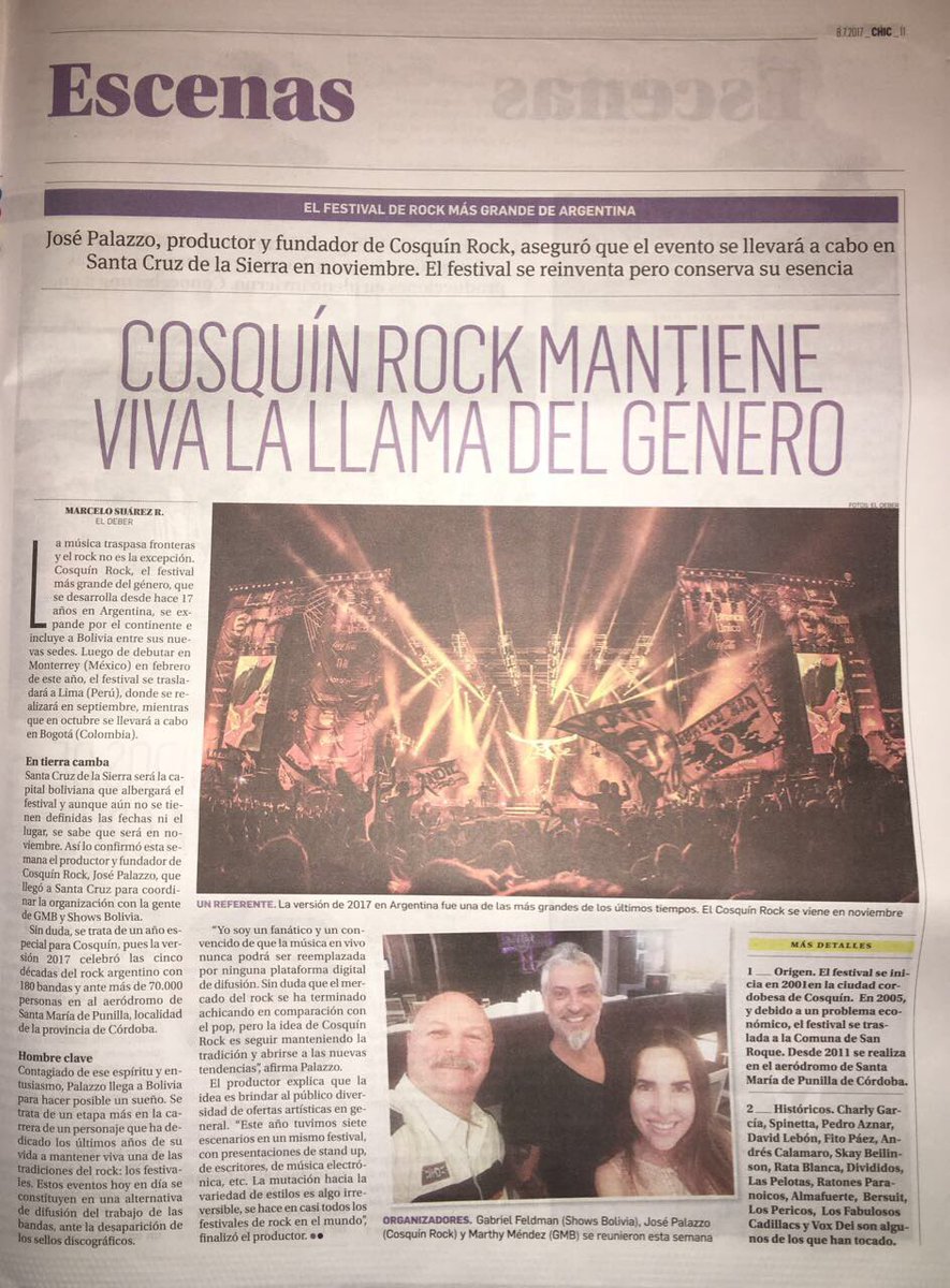 Se viene el <a href="/Cosquin_Rock/">Cosquín Rock</a>  Bolivia!!!!!! Lo confirmó <a href="/josedpalazzo/">jose palazzo</a> , el evento se realizará en noviembre.
