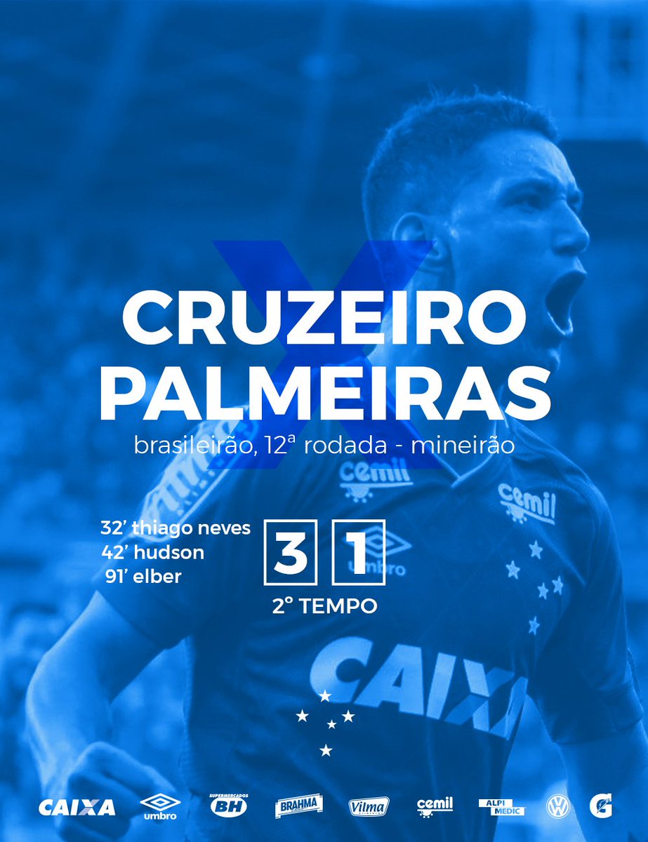 Cruzeiro's tweet image. 2T (3-1) - 95' - FIM DE JOGO! O #Cruzeiro  vence no Mineirão! Seguimos JUNTOS, Nação Azul!