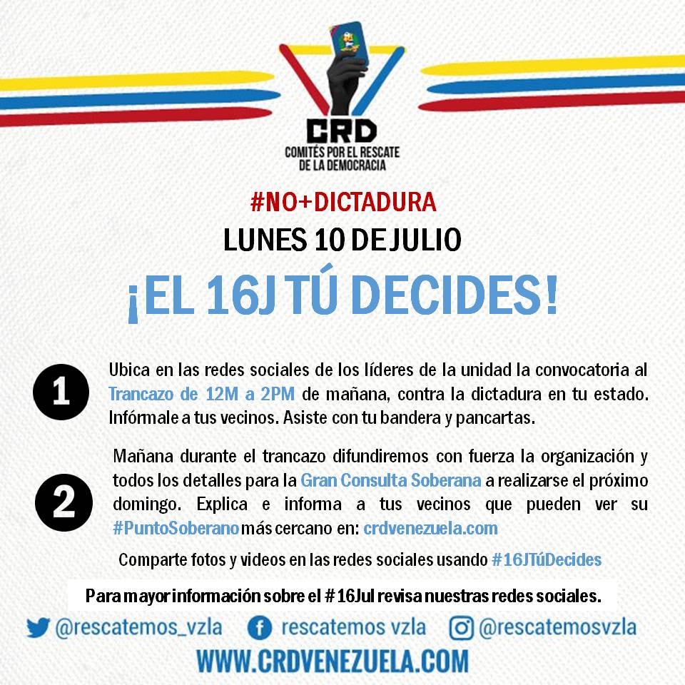 unidadvenezuela's tweet photo. Durante el #Trancazo los CRD informarán a la ciudadanía los detalles de la consulta soberana que se realizará el #16Jul https://t.co/DBVjN4mhsk