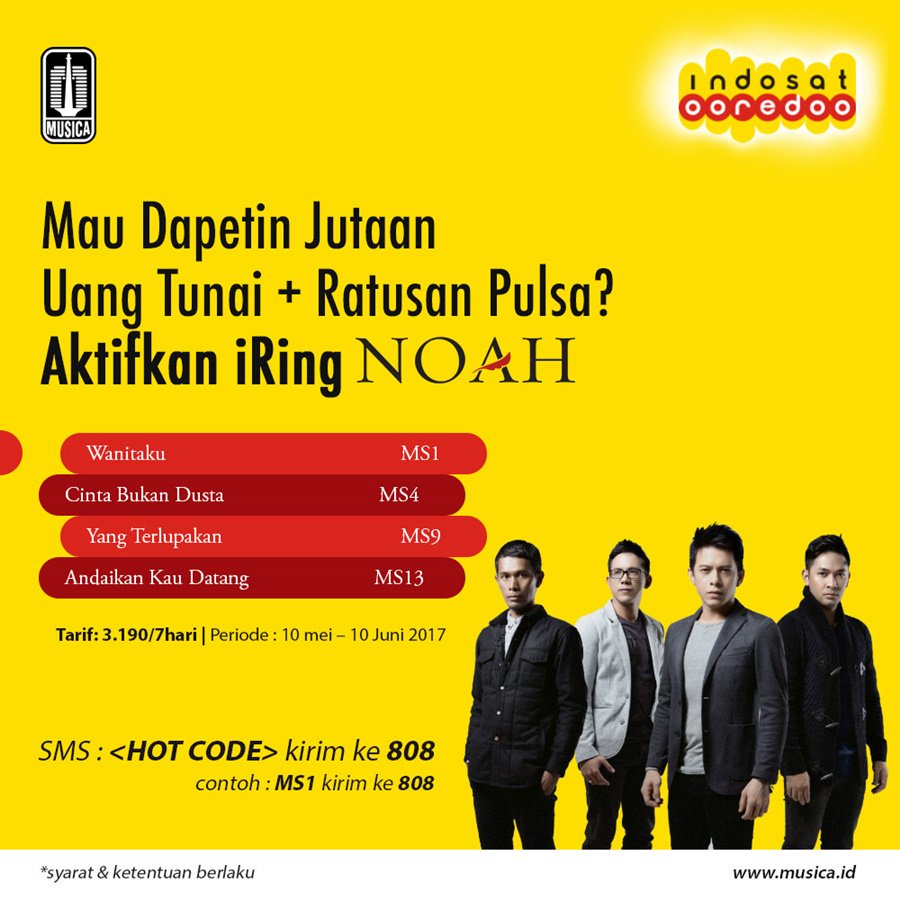 MusicaStudios's tweet photo. Ketik  *808*11# aktifkan I-Ring @NOAH_ID &amp; dapatkan hadiah jutaan rupiah dari Indosat. *Program ini hanya berlaku untuk pegguna Indosat ya https://t.co/zzrt3JGoYy