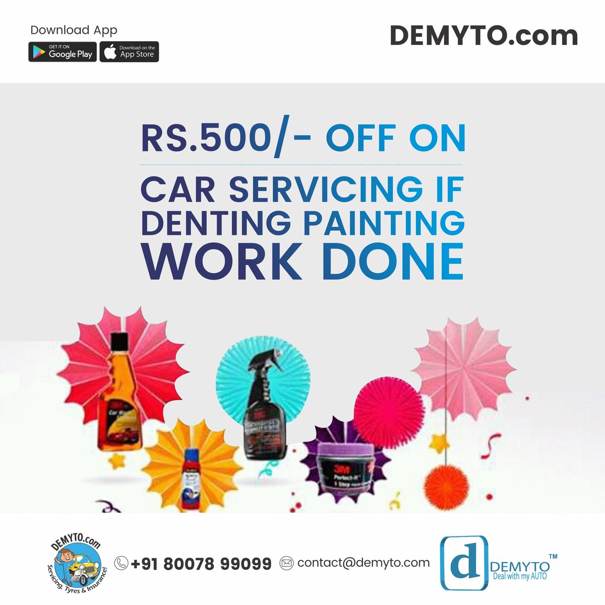 MYDEMYTO's tweet photo. Demyto Offer: Get 500 Rs off on Car Servicing when Denting Painting Done...!!
#Demyto #DEalwithMYauTO
#PuneTrustedCarCare #offer https://t.co/gbzKvHxAVP