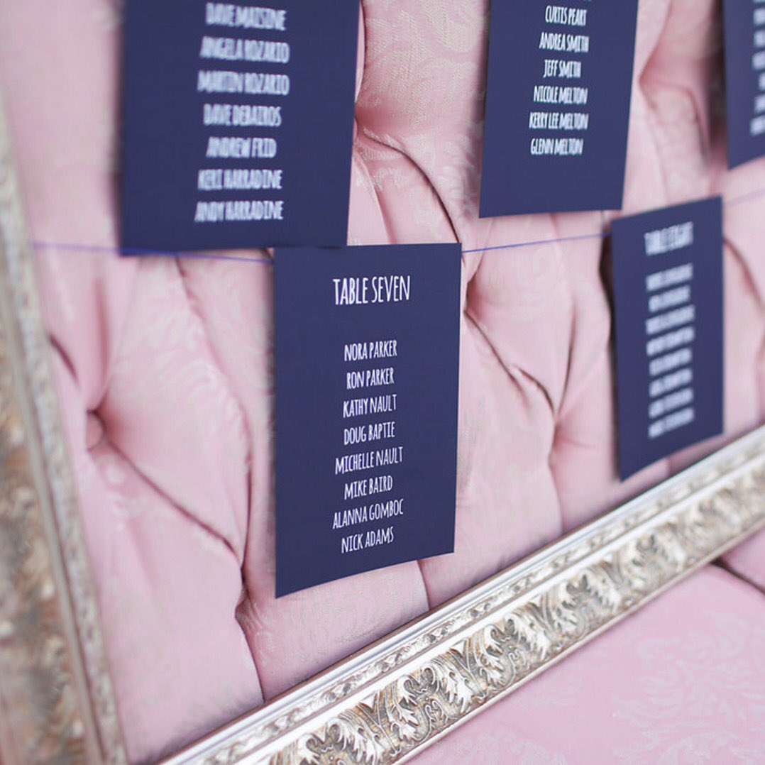 Find your seat!  A clean and simple table plan in navy and blush.