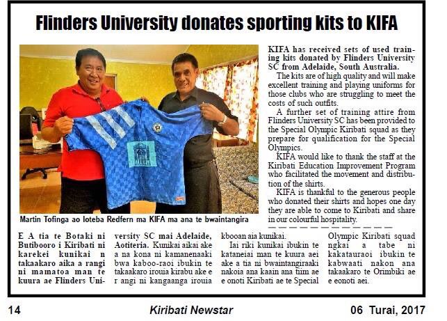FlindersSC's tweet photo. @FlindersSC in the news! #kiribati @KieranPender @CONIFAOfficial @ocaunews #shirts #development #oceania @coffey https://t.co/na0p2Uc7Dn