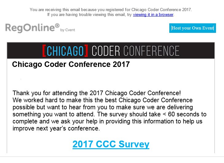 CoderConference's tweet image. Attend the CCC this year? Please complete the survey sent to your inbox Fri 6/30. Your feedback helps us improve each year - Thank you!