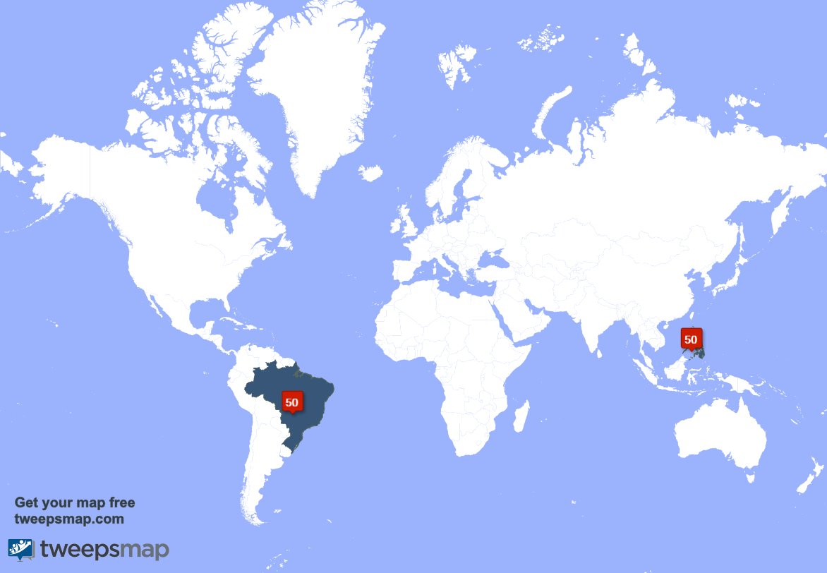 XArkadyX's tweet photo. My followers are in Philippines(50%), Brazil(50%) Get your free map https://t.co/sfNdaljqVz https://t.co/5fLjNM7xnN