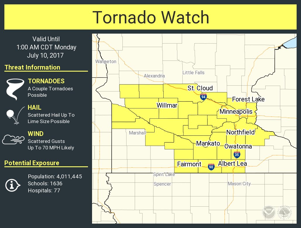 NWSTwinCities's tweet photo. A tornado watch has been issued for parts of Minnesota until 1 AM CDT https://t.co/DKmA9tFbby