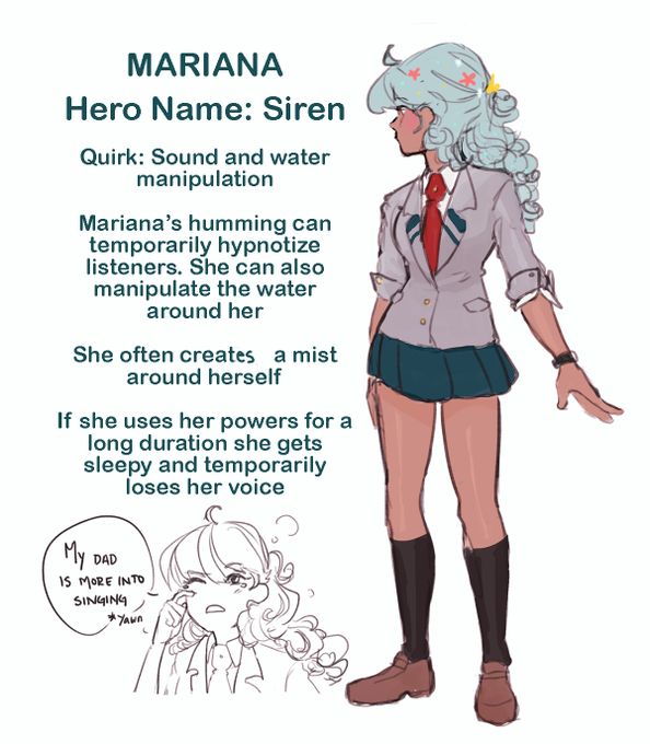 I made a bnha oc! (I misspelled it before)
Her name is Mariana; tho she is quiet she is actually pretty friendly 