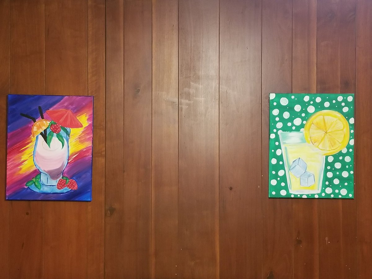 LiveArtofAngela's tweet photo. 👩‍🎨Demo painting progress🙄🍋🍓🍹🍨🏖 #thejoysofsummer #icecold #lemonade #tiki #paradise https://t.co/rzamBu8qJ3