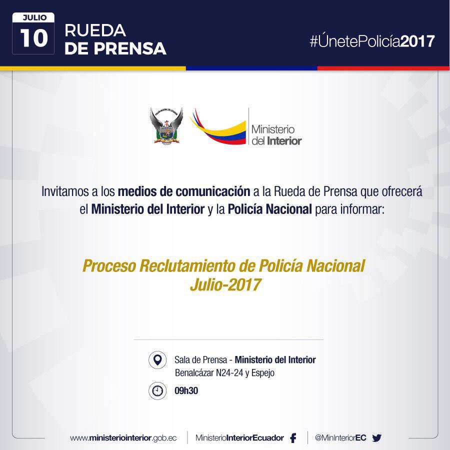 MinGobiernoEc's tweet photo. .@MinInteriorEc y @PoliciaEcuador, invitan a la rueda de prensa para informar acerca del proceso de reclutamiento #ÚnetePolicía2017 https://t.co/mObf18OTXv