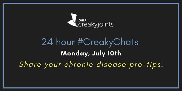 mollyschreiber's tweet photo. Be sure to follow @CreakyJoints &amp; tweet your tips for those living with a #ChronicDisease using #CreakyChats all day today! https://t.co/g0febNQmqh