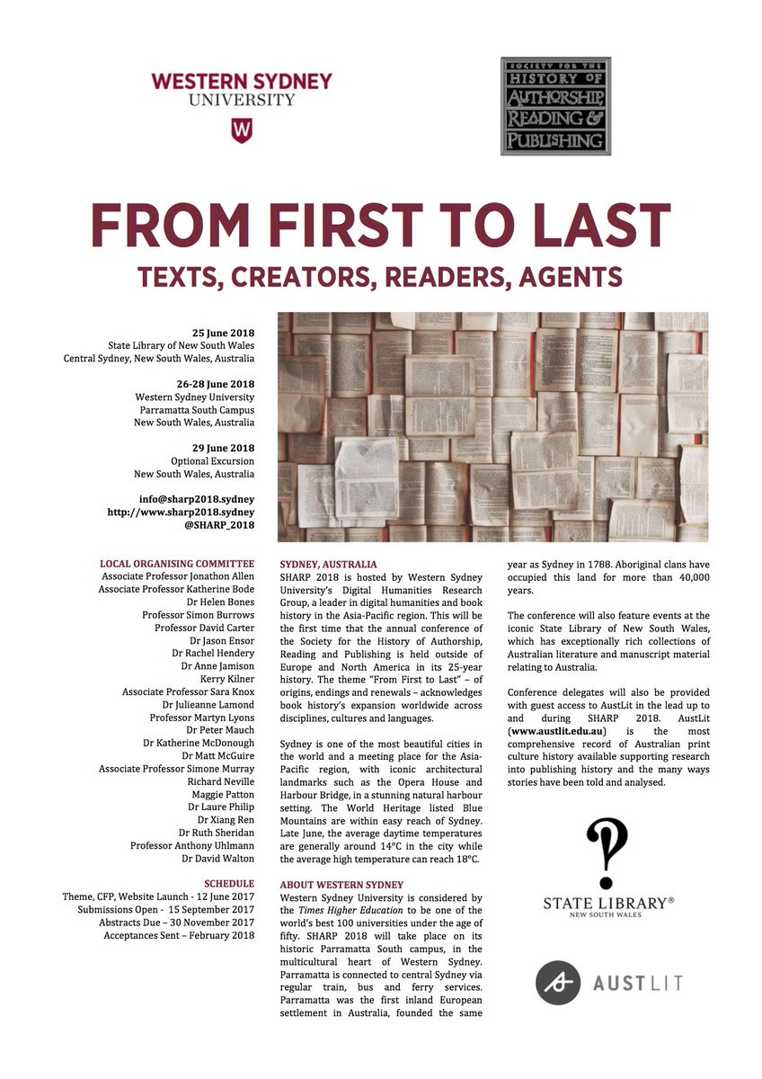 EnlightenmentDH's tweet photo. "From First to Last Texts, Creators, Readers, Agents" - the @SHARP_2018 CFP is live! https://t.co/Oaxrjs7fcB #bookhistory #cometosydney https://t.co/GSBCxxFXu5