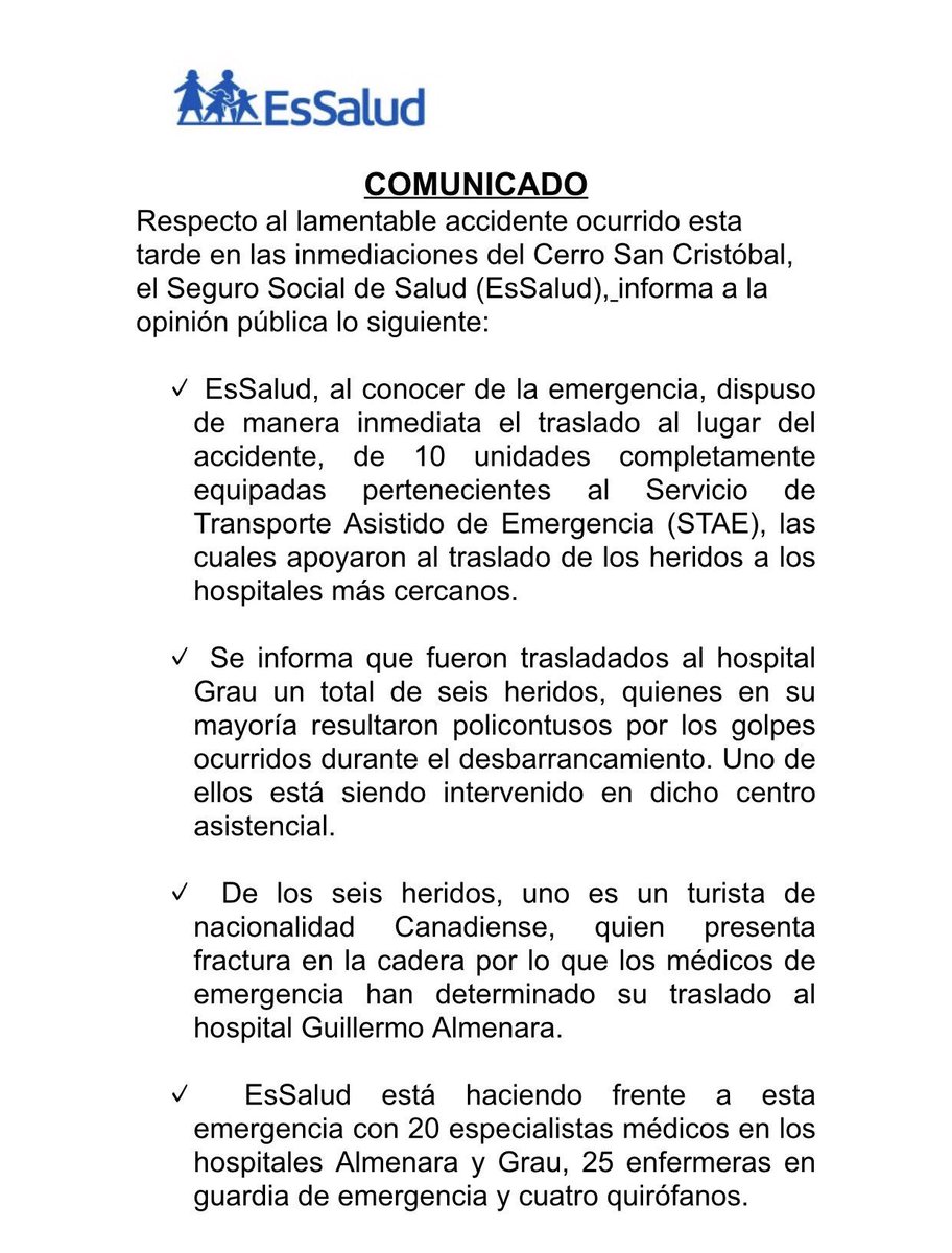 EsSaludPeru's tweet photo. [COMUNICADO] Estamos haciendo frente a la emergencia con 20 especialistas en hsp. Almenara y Grau,25 enfermeras en emergencia y 4 quirófanos https://t.co/Waz2IF1Alp