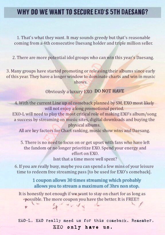 EXOVotingSquad's tweet photo. 🌿 ATTENTION EXO-L 🌿
If you are wondering why this comeback is #EXOGrandComeback read &amp; spread this. 5th daesang is our main target! #EXO https://t.co/VgPHT31rQ5