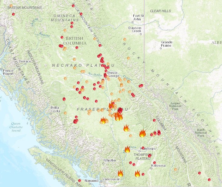 graykelowna's tweet photo. Happening NOW ⚡Locations of B.C. wildfires 🔥🔥 around province 🇨🇦🇨🇦🚨🚨#BCstateofemergency #BCwildfire #WildfireMap
https://t.co/n9WuHNdfQS https://t.co/fF3stvXcL4