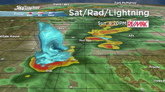 IAmJodiHughes's tweet photo. Env. Can. reporting tennis-ball sized hail w/this cell N of Olds. Olds/Didsbury still under Tornado Warning #ABStorm https://t.co/Lud4R6iaCo