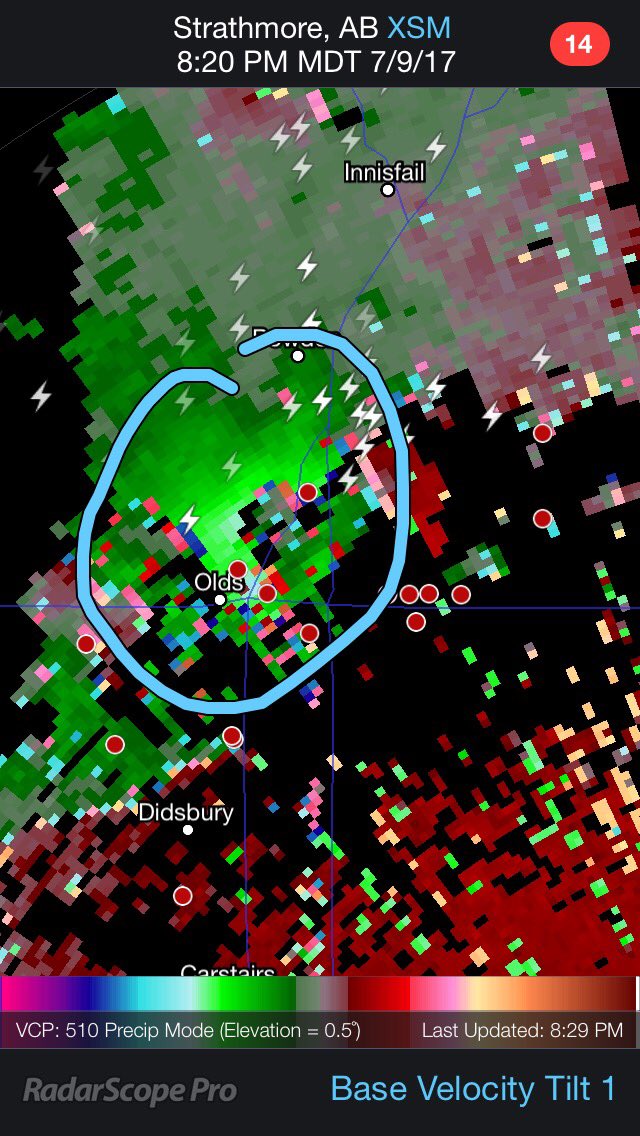 HouckisPokisewx's tweet photo. No tornado but strong rotation moving over Olds right now #abstorm take cover https://t.co/Sj40jILBw4