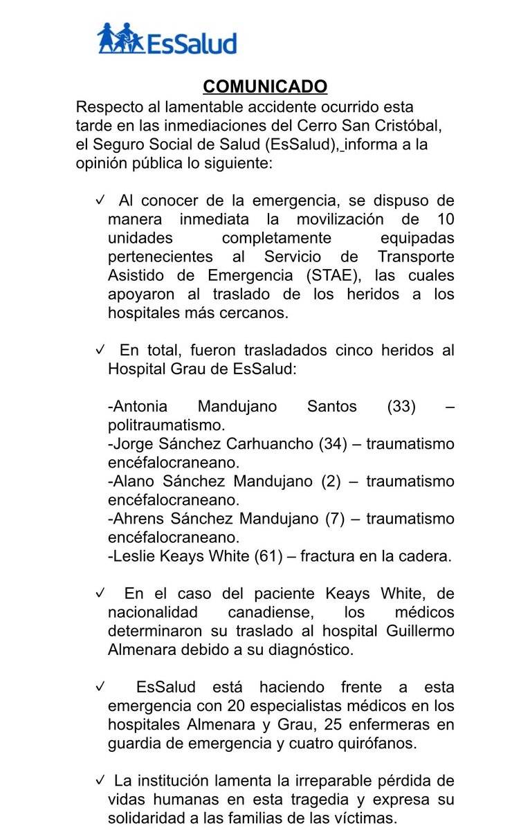 EsSaludPeru's tweet photo. [LO ÚLTIMO] Nombres de los heridos del accidente en Cerro San Cristóbal, que son atendidos en el Hospital Grau. https://t.co/VBfmJ4bTeF