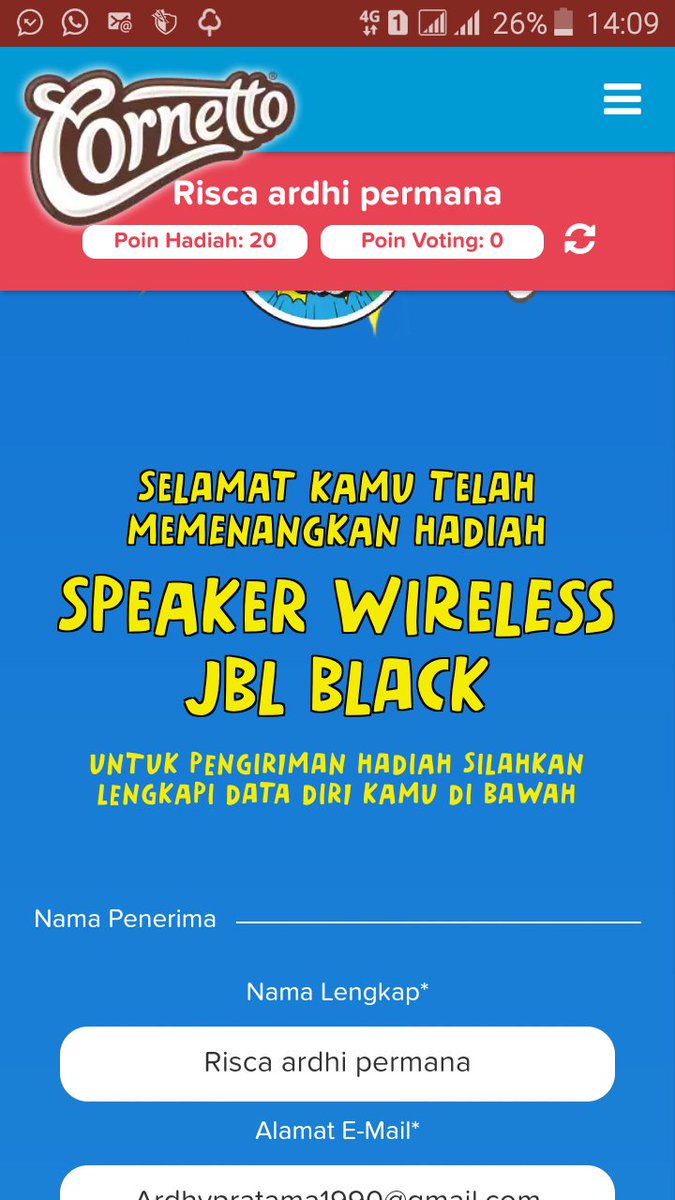 Ardhypr030690's tweet photo. @CornettoID hadiahnya yg keluar cuma voucher spotify,speaker sama tas ajah
Poinku masih 20 niihh,kira2 bsok dimunculin lagi gak?? https://t.co/WgLCZEVNfG