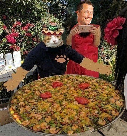CatsoNemec's tweet photo. #ChefCatso made a #catsolicious monster paella for 100 people, but selfish @imcorinnemec ate everything alone! #miau https://t.co/WR6QCcNpUM