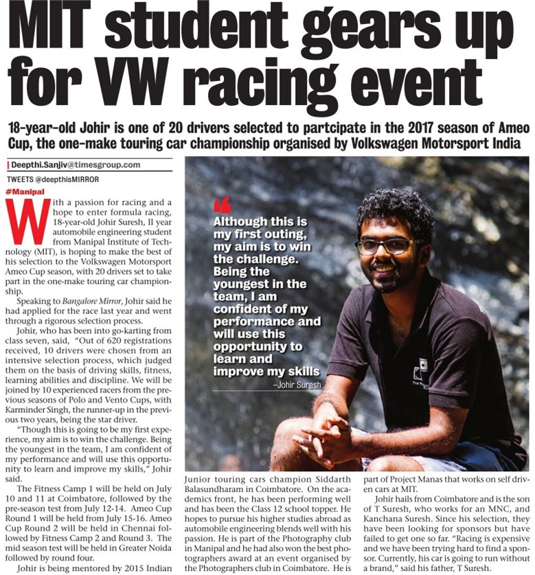 deepthisTOI's tweet image. #ManipalInstituteofTechnology student gears up for #VWracing event bit.ly/2tyl7j1 @BangaloreMirror @GKPrabhu_MIT #AmeoCup #Racing