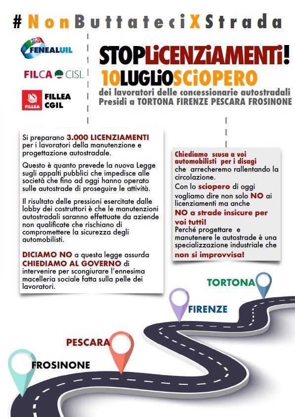 BarbaraCerutti's tweet photo. Oggi sciopero concessionarie #autostrade A @CarloCalenda diciamo #NonButtateciXStrada Siamo lavoratori qualificati e strategici X il paese https://t.co/d4jKB8ULd2