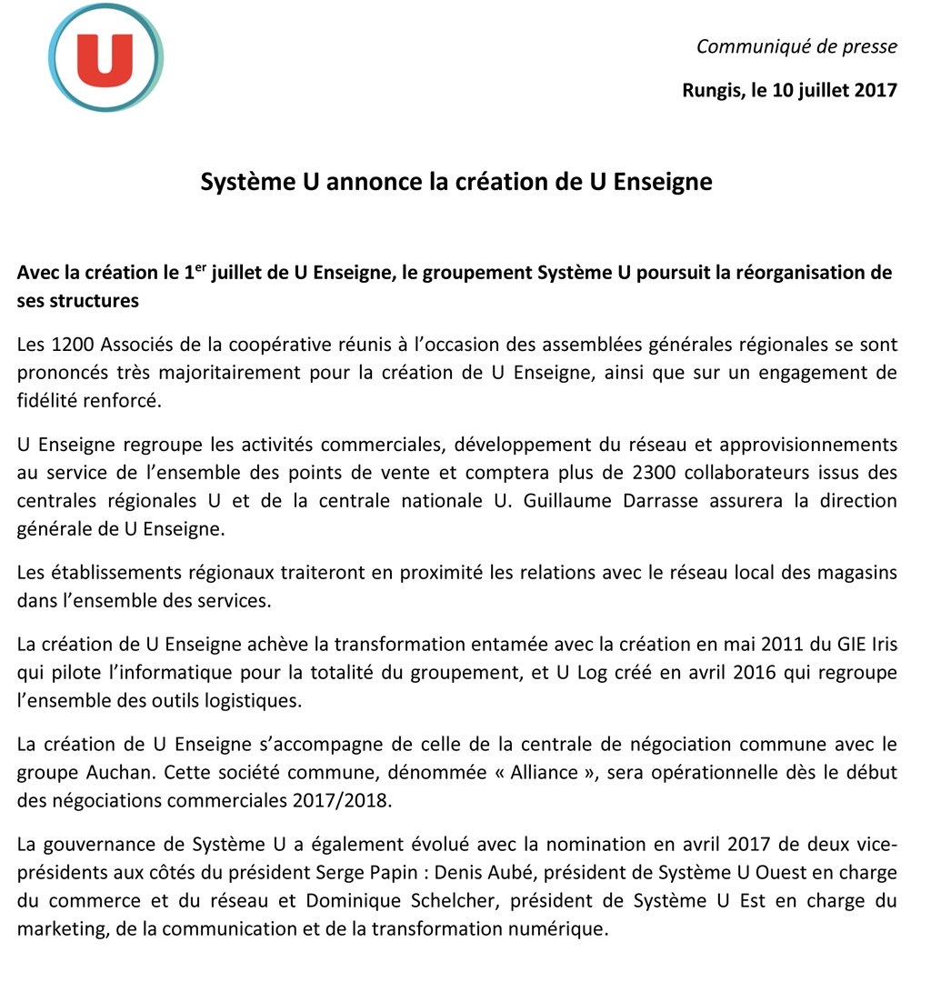 CooperativeU's tweet photo. Création de la Coopérative #Uenseigne pour un service optimal à nos 1 561 #magasinsu. https://t.co/RIJh7707vr
