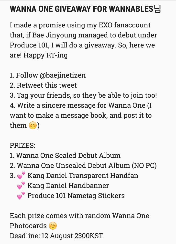 baejinetizen's tweet photo. [GIVEAWAY] RT, Follow and Win #WannaOne album and #Produce101 random stuffs! Open worldwide! Three winners! Goodluck! #워너원 https://t.co/6oMRQ2MOyT