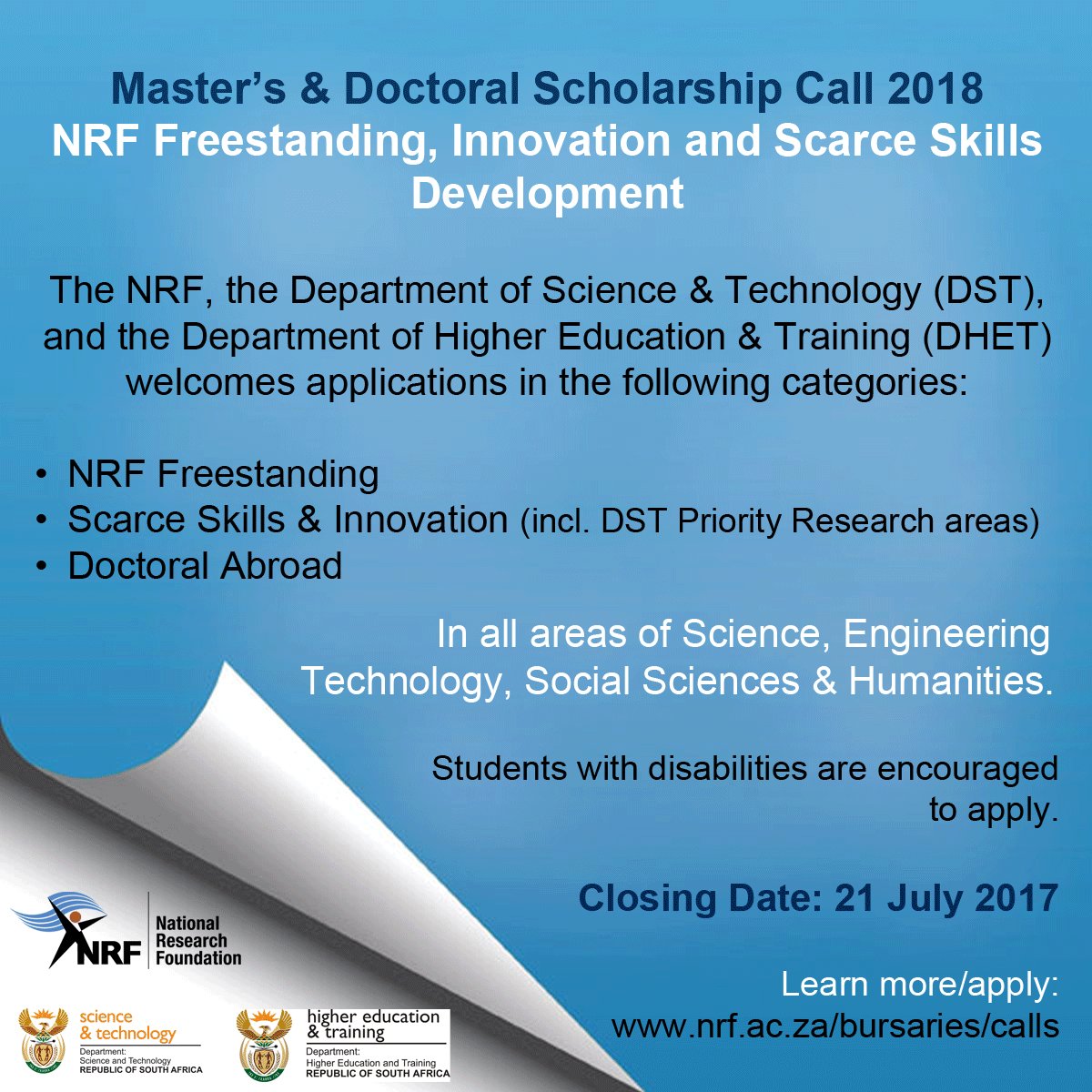 NRF_News's tweet photo. REMINDER: NRF Freestanding, Innovation &amp; Scarce Skills Master's and Doctoral Call closes on 21 July. More info: https://t.co/6Ds1AVT0BW https://t.co/2jqMSNzR8W