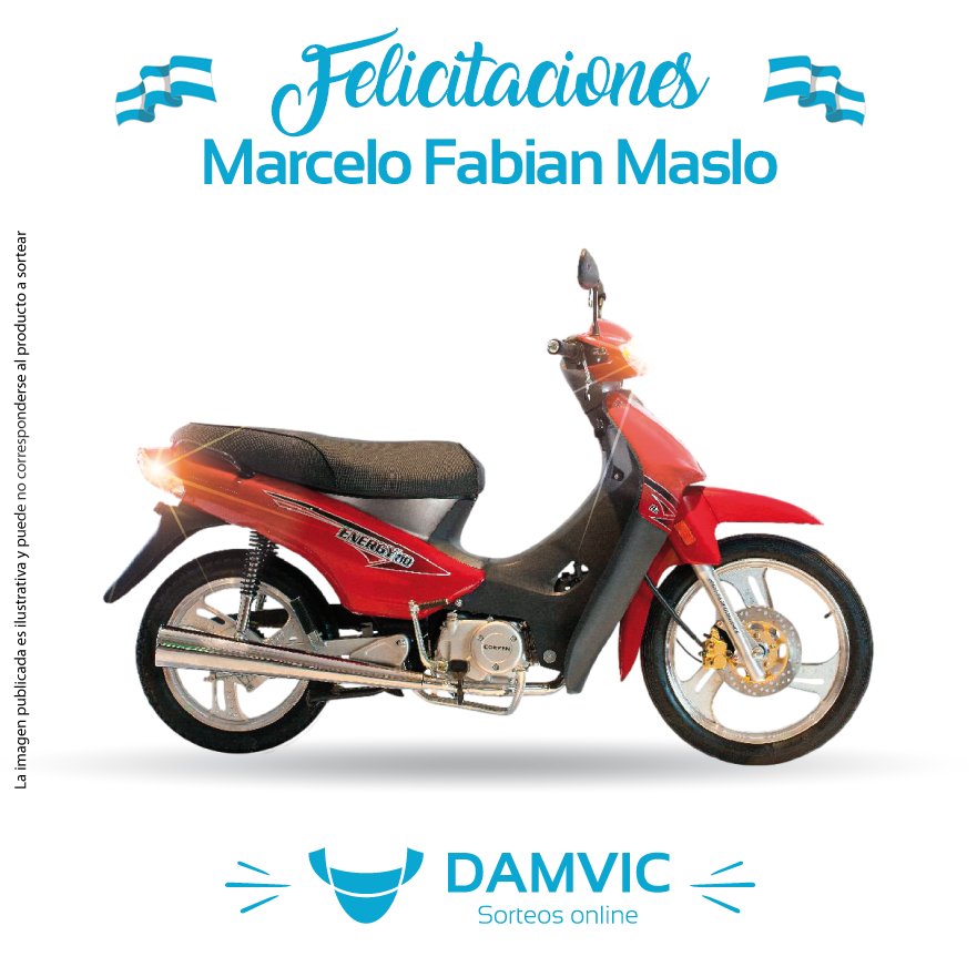 DAMVIC_Sorteos's tweet image. 🎉¡Felicitaciones Marcelo Fabian Maslo!🎉
Con el número 756, sos el ganador de la Moto!

#DAMVICTeHaceFeliz