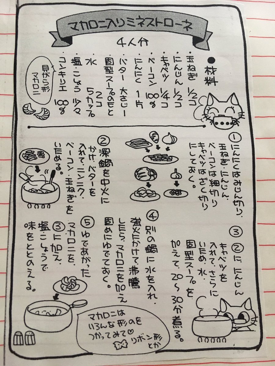 ｋ ｕ ｒ ｉ おみくじクッキー カスタードプリン 明太子スパ ミネストローネ わたしがコミックス汚すのが嫌で レシピページをコピー貼付して作っていた ゆめ色クッキング レシピ集ノート あれもこれも作りましたよ 懐かしい思い出 小学3 4年生の頃