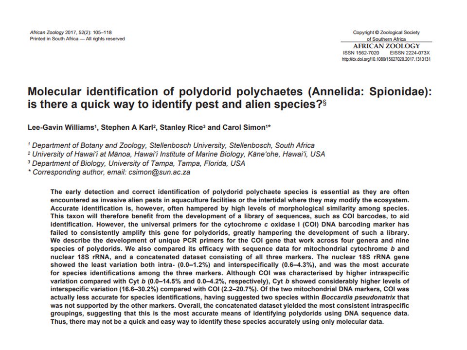 ZoolSocSA_ZSSA's tweet photo. Comparing #COI, #cytb and #18S sequences suggest there's no quick way to id #polydorid worms accurately https://t.co/C0yGC9Akmv https://t.co/58bzGetgfJ