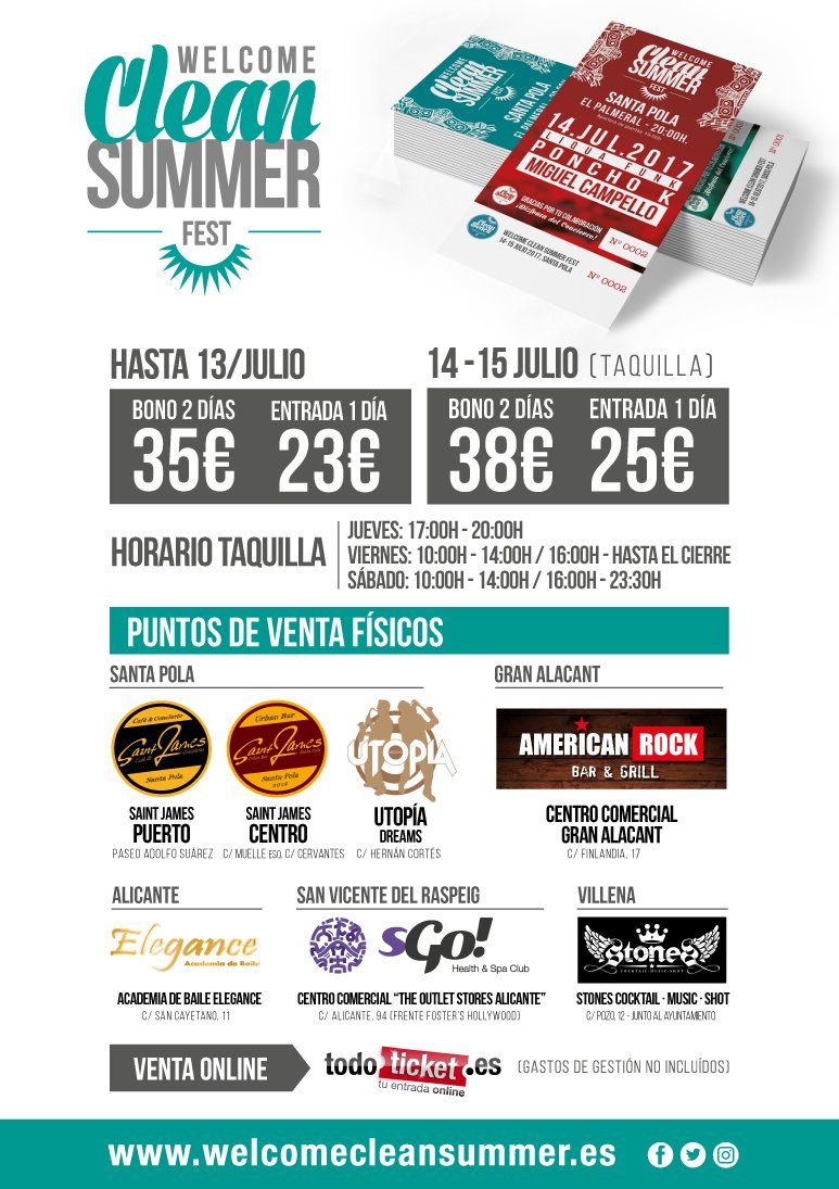 cleansummerfest's tweet photo. PUNTOS DE VENTA + HORARIO TAQUILLA ¡quedan 5 días! #SantaPola #Alicante #Elche #Entradas #Conciertos Venta online>> https://t.co/GbLxJW8eGb https://t.co/m6wLZgjDwk