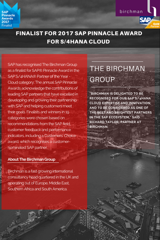 BirchmanPeople's tweet photo. 2017 FINALIST FOR SAP PINNACLE AWARD FOR S/4HANA CLOUD! #Birchman #SAP #S/4HANA https://t.co/1x27ngb7KA