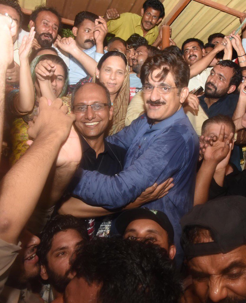 TunioLala's tweet photo. Sindh CM Syed Murad Ali jubilantly hugs Saeed Ghani who returned victorious from PS-114 Karachi. @BBhuttoZardari @FaryalTalpurPk https://t.co/sdWMXM0ySq