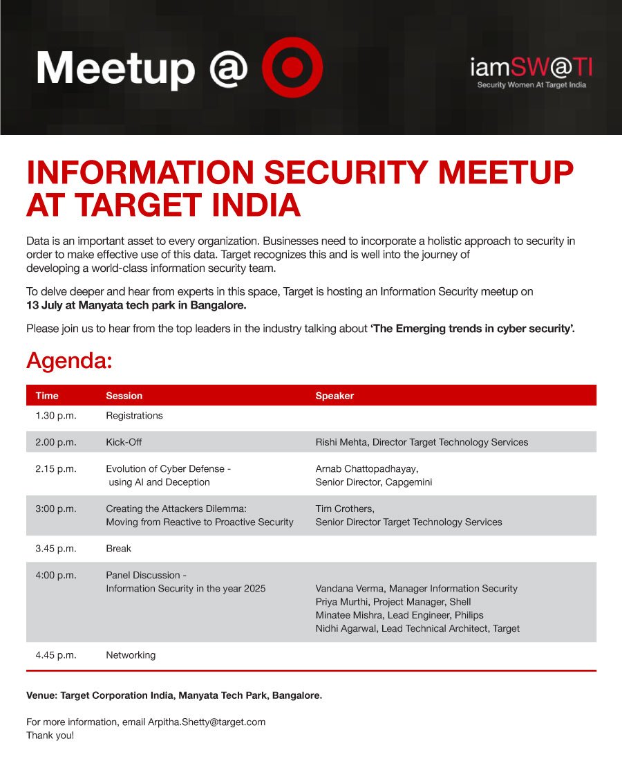 TeamTargetIndia's tweet photo. Attend our Infosec meetup on July 13, 1.30 p.m onwards. Be in the know abt. trends &amp; technologies Register: https://t.co/Zvd32SS3Cs #meetups https://t.co/MSlopzFOTS