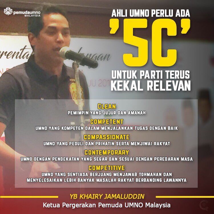 PemudaUMNOMy's tweet photo. #UMNO perlu memiliki ciri '5C' untuk parti kekal relevan − Clean, Competent, Compassionate, Contemporary &amp; Competitive - @Khairykj https://t.co/MyON8ax1R8